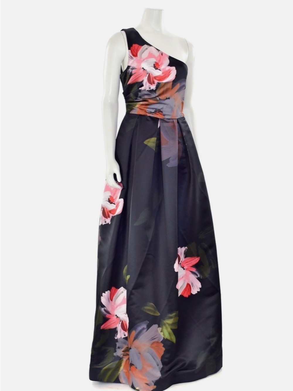 Parker One-Shoulder Black Gown with Pink Floral Print